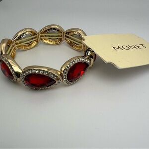 Monet Red Crystal Faceted Tear Drop With Clear Rhinestones Stretch Bracelet NWT